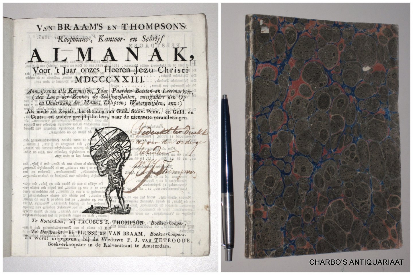 VAN BRAAM & THOMPSON, - Van Braam's en Thompson's koopmans-., kantoor- en schrijf-almanak, voor 't jaar onzes Heeren Jezu Christi MDCCCXXIII. Aanwijzende alle kermissen, jaar- paarden- beesten- en leermarkten, den loop der zonne, de schijgestalten (...), als mede de ...