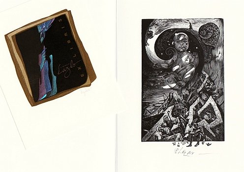 EX LIBRIS - Collectie van drie exlibris en een zinnebeeldige kaart.