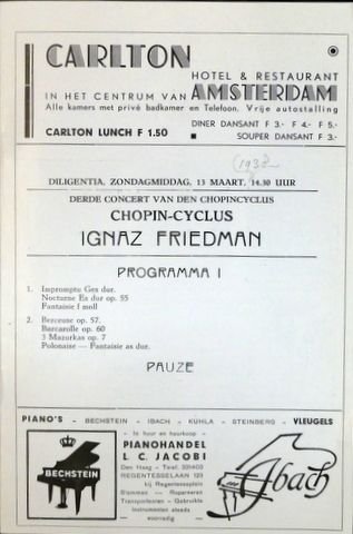 Friedmann, Ignaz: - [Programmheft] Diligentia, zondagmiddag, 13 maar, 14.30 uur. Derde concert van den Chopin-Cyclus. Ignaz Friedmann
