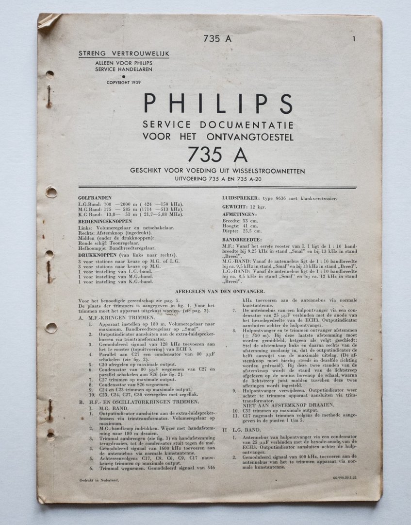  - Philips service documentatie - voor het ontvangtoestel 735A - geschikt voor voeding uit wisselstroomnetten -uitvoering 735A en 735A-20