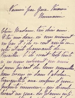 VACARESCO, Hélène - Handgeschreven brief in het Frans, gesigneerd 'Helene Vacaresco' en gericht aan 'Chère Madame, très chère amie'.