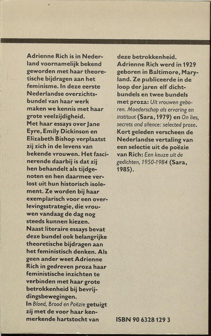 Rich Adrienne Vertaling  uit het engels  Nettie Vink en Anneke Bok  met Marta Vooren . - Bloed Brood en Poezie  ESSAYS 1971 - 1984