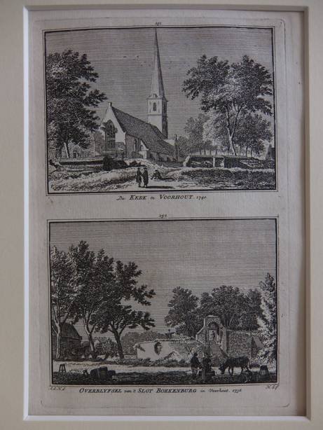 Voorhout. - De Kerk te Voorhout, 1740/ Overblyfsel van 't Slot Boekenburg in Voorhout, 1738.