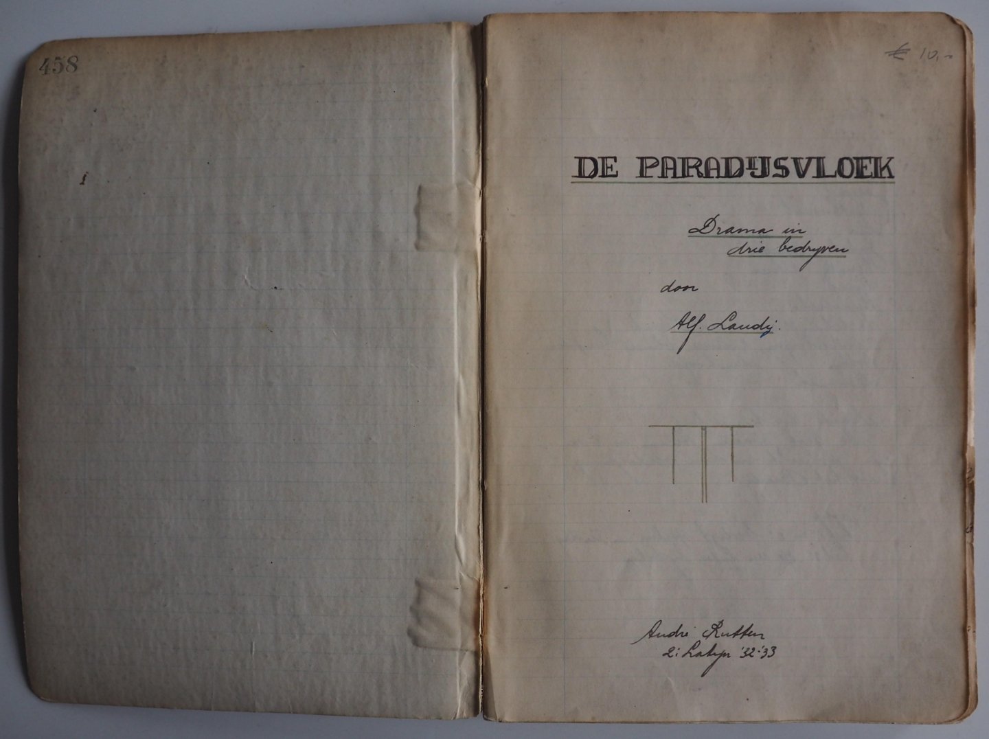 Alfons, Laudij; Andre, Rutten; - De Paradijsvloek.Toneeltekst schooltoneel op Vondels Adam in ballingschap hand geschreven tekst in schrift