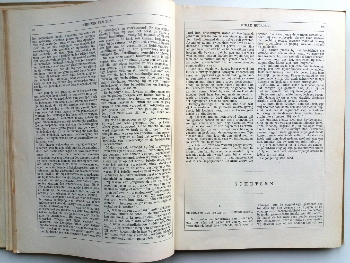Dickens, Charles - Schetsen van Boz (Vertaling van Mevrouw van Westrheene en C.M. Mensing - Houtgravuren naar teekeningen van F. Barnard)