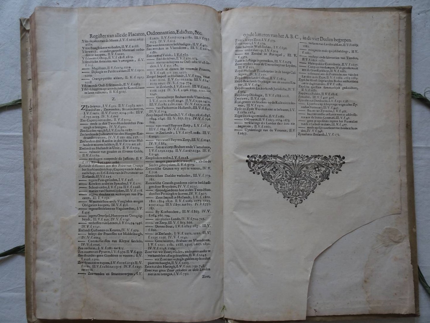 N.n.. - Generael register van alle de placaten, ordonnantien, resolutien, statuten en edicten, begrepen in de vier Deelen van het Groot Placaet-Boeck.  Vervattende I. Den korten Inhoudt van de Stucken en Saken soo als de selve vervolgens in yeder Deel...