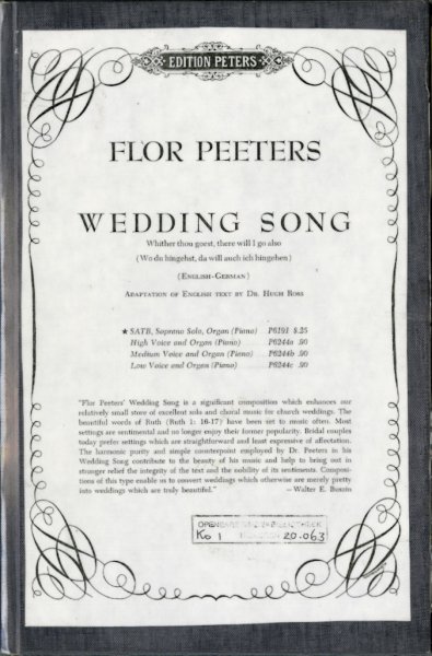 Peeters, Flor - WEDDING SONG opus 103d / Soprano solo, SATB Chorus (mixed voices), Organ or Piano