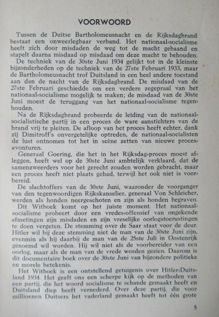 Brandting, Georg Mr. (vorwoord) - Voogd, P. e.a (vertaling) - Witboek over de Duitse Bartholomeusnacht. De Rijksdagbrand opgelost! (over Hitlers massamoord op SA-leiders, juni 1934