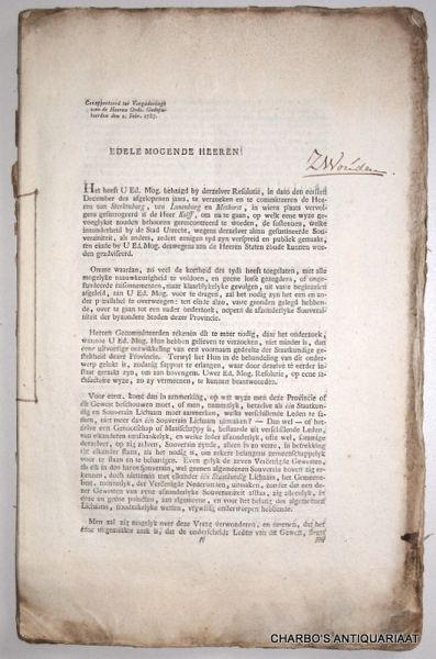 ALPHEN, HIERONYMUS VAN, - Rapport, dienende ten betooge van de souverainiteit der Heeren Staten, over de stad, steden en lande van Utrecht; ingebracht ter vergadering der Heeren ords. Gedeputeerden den 28 February 1787. (Titel op laatste pag.).