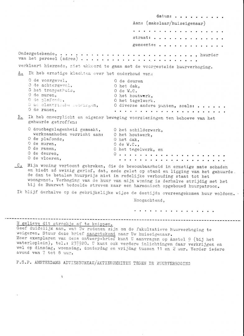 Pamflet Woningnood/kraken - Niet akkoord gaan met voorgestelde huurverhoging  1970  puntsgewijs