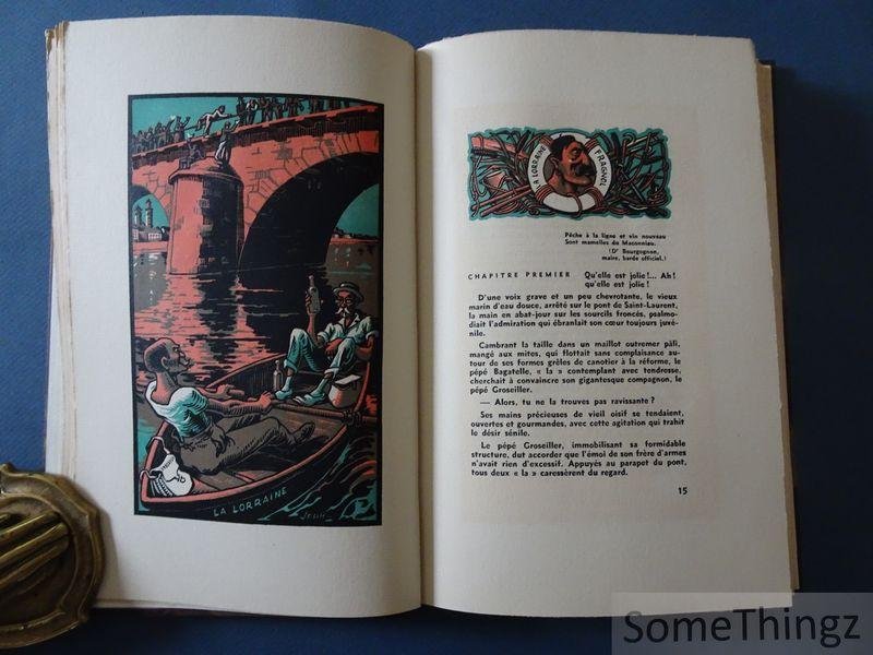 Jean Lurkin, Jeph Lambert. - La bataille de la Saône ou le grand serment du 'Parisien', épopée bachique de la Bourgogne contemporaine. Récit épique tiré des fastes de la Bourgogne contemporaine. Avec des fresques aux couleurs du temps et de la vendange brossées par Jep...