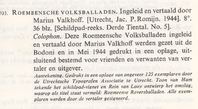 Valkhoff, Marius (Inleiding en vertaling); Looy, Rein van (Omslag) - Roemeensche volksballaden (Omslagtitel Roemeense volksballaden)