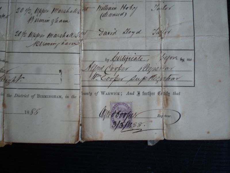  - Certificate of Marriage, District Birmingham, County of Warwick