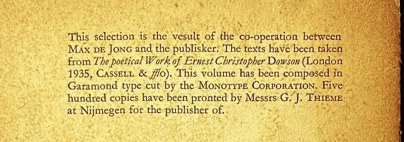 DOWSON, Ernest. (Huib van KRIMPEN & Max de JONG) - Selected Poems. (Printer's proof of a never published Dowson edition).