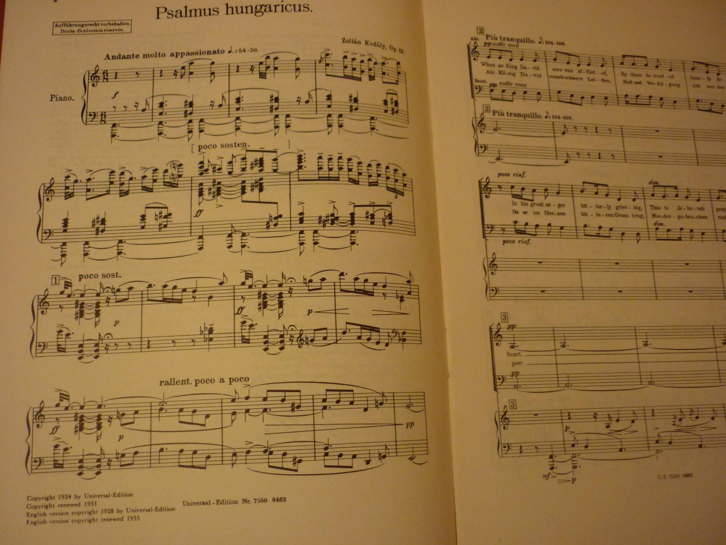 Kodály; Zoltán - Psalmus Hungaricus Op.13; Klavierauszug Vocal Score; des 55. Psalmes aus dem XVI. Jahrhundert von Michael Vég aus Kecskemét