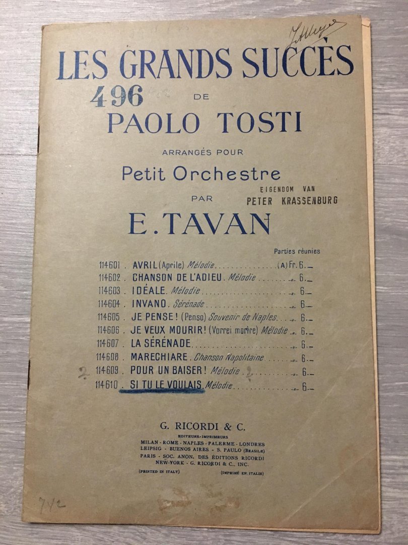 E. Tavan, Paolo Tosti - Les grands succes de Paolo Tosti arrangés Petit Orchestre par E. Tavan