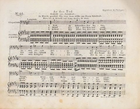 Schubert, Franz: - [D 518] An den Tod. Gedicht von Schubart. In Musik gesetzt für eine Bass-Stimme von Franz Schubert (Auserlesene Sammlung von Gesängen für eine Bass-Stimme mit Begleitung des Piano-Forte. Nro [handschr.:] 44)