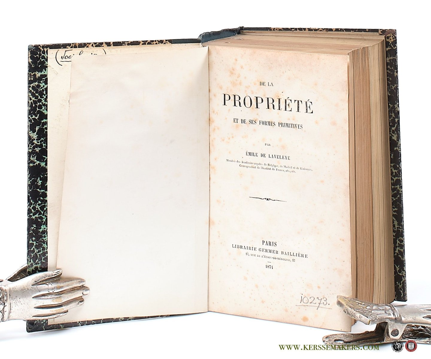 Laveleye, Emile De / Pietro Sbarbaro / Casimir Perier. - De la Propriété et de ses Formes Primitives / Sulle Opinioni di Vincenzo Gioberti intorno all' economia politica e alla questione sociale / Les Finances et la Politique [ 3 books together in 1 binding ].