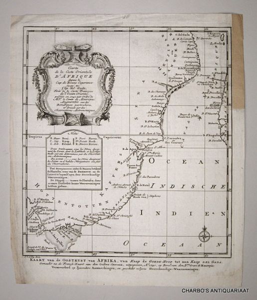 BELLIN, N. & SCHLEY, J. VAN DER, - Carte de la coste orientale d'Afrique depuis le Cap de Bonne Esperance jusqu'au Cap del Gada, tirée de la carte francoise de l'Ocean Oriental, publieé en 1740 par ordre de Mgr. le Comte de Maurepas. Kaart van de Oostkust van Afrika, van Kaap d...