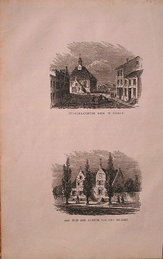 antique print (prent) - Oud Hollandsche Kerk te Albany. Het huis van de familie van der Heyden.