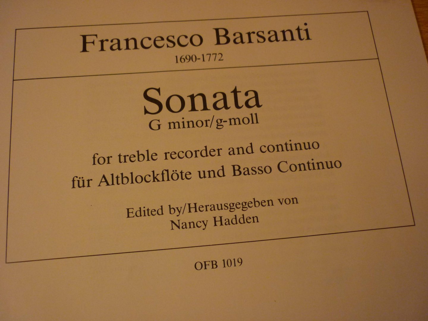 Barsanti; Francesco (1690 - 1772) - Sonata No. 3 G Minor for Treble Recorder and B.C. (Edited / herausgegeben von Nancy Hadden)