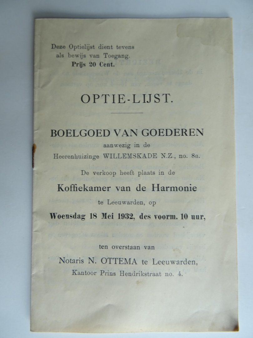  - 1932, LEEUWARDEN, Boelgoed van goederen. Optie-lijst. Heerenhuizinge Willemskade N.Z. no. 8A.