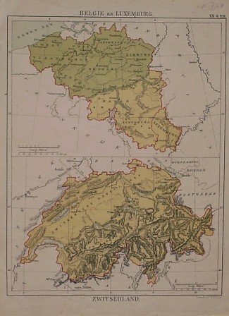 antique map. (kaart). - Belgie en Luxemburg. Zwitserland.