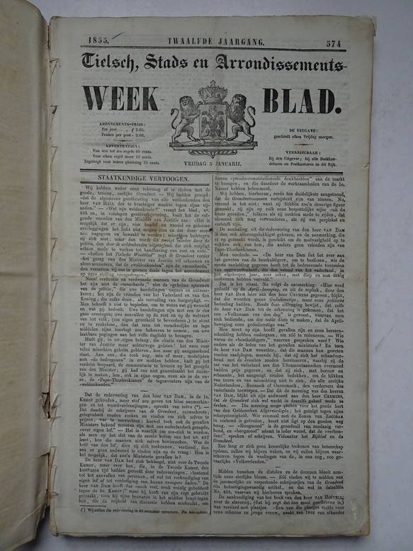 -. - Tielsch, Stads- en Arrondissements Weekblad. Twaalfde jaargang, 1855. Compleet met 52 nrs.