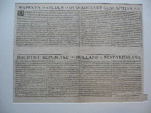 antique print (prent). - Wapenen der steden en oud-adelyke geslachten in de machtige republyke van Holland en West-Vriesland.