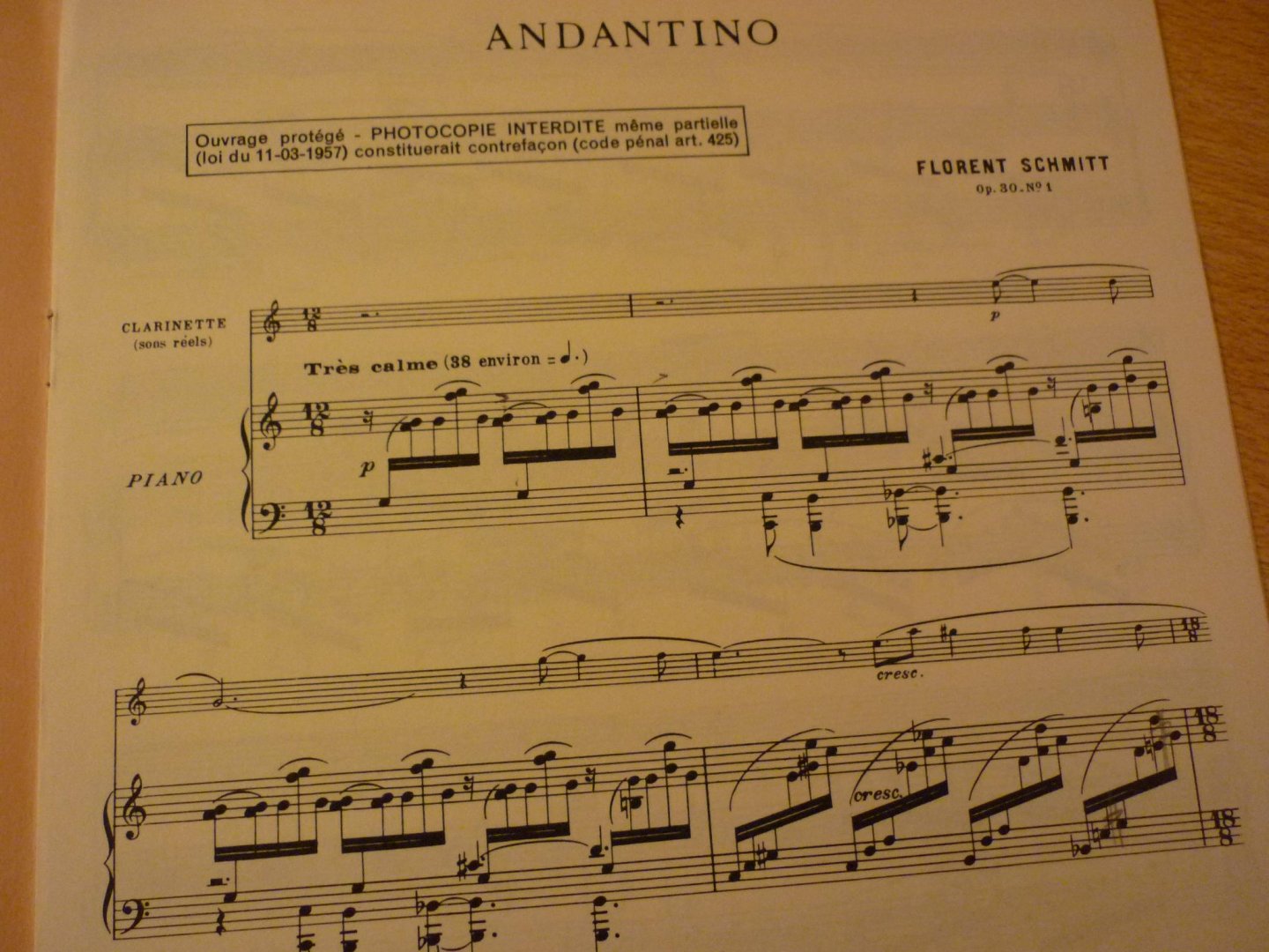 Schmitt; Florent - Andantino; pour clarinette en Si b et Piano; Op. 30. No. 1