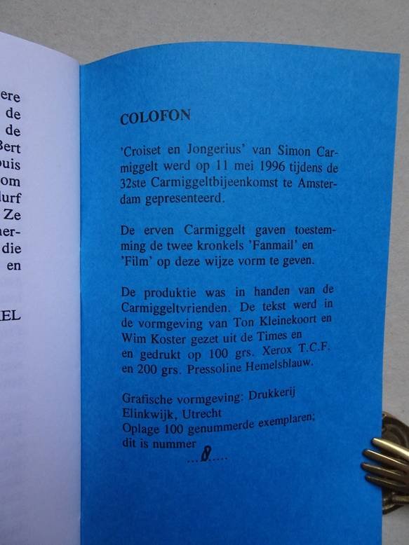 Carmiggelt, Simon. - Croiset en Jongerius op een dag. Twee "kronkels" uit respectievelijk 1968 en 1978 samengezet ter gelegenheid van de 32-ste Carmiggelt-bijeenkomst, 11 mei '96 te Amsterdam.