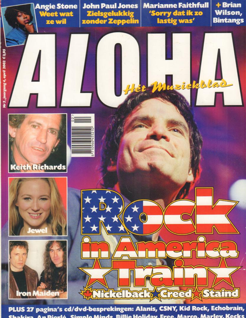 Magazine Aloha - ALOHA 2002 nr. 02, Nederlands muziekblad met o.a. JEWEL (3 p.)/JOHN PAUL JONES (2 p.)/KEITH RICHARDS (2 p.)/MARIANNE FAITHFULL (5 p.)/IRON MAIDEN (4 p.)/BINTANGS (5 p.)/ANGIE STONE (2 p.), goede staat