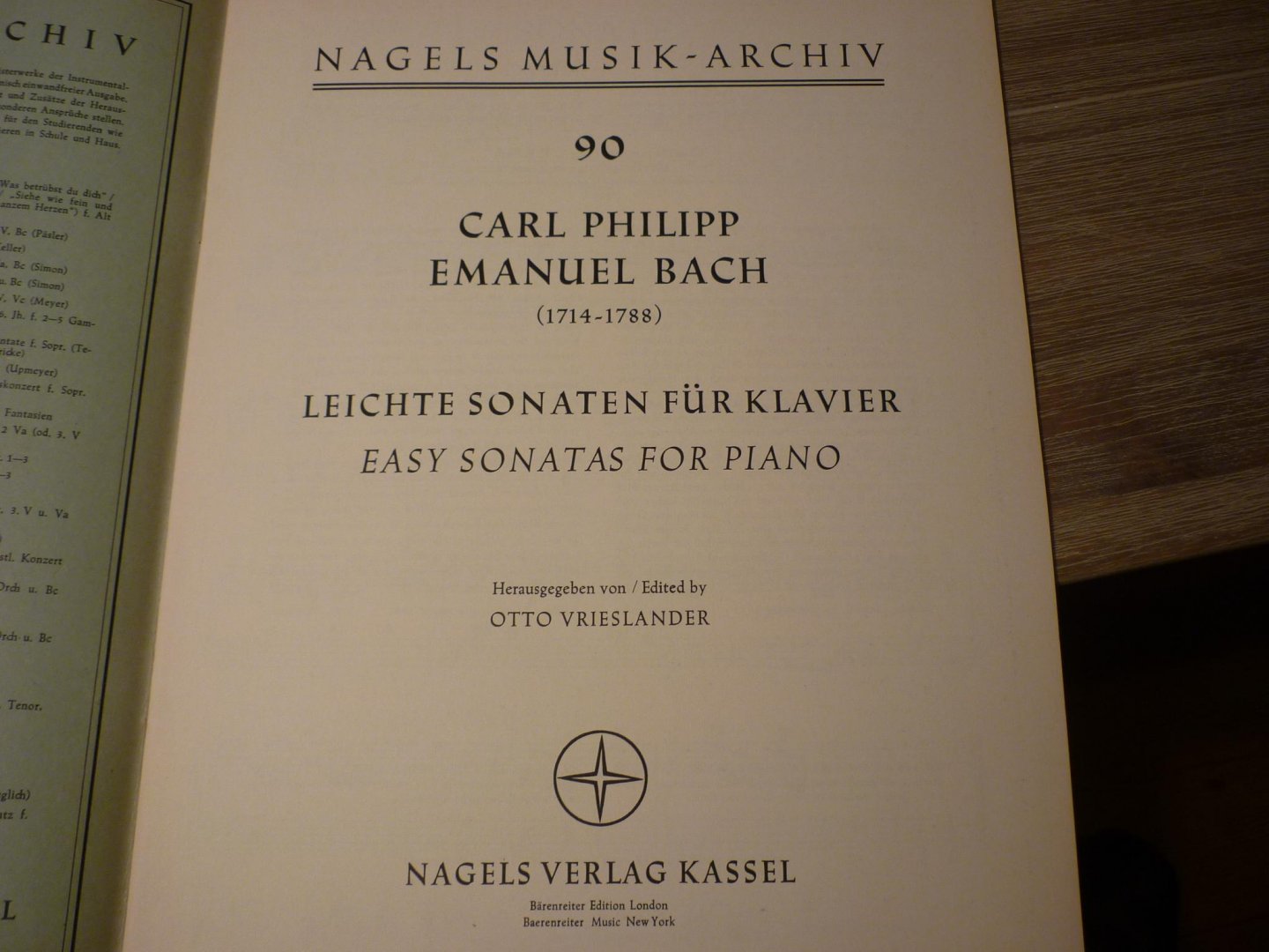 Bach; Carl Philipp Emanuel (1714 - 1788) Serie; Nagels Musik-Archiv - 90 (herausgegeben von Otto Vrieslander) - Vier Leichte Sonaten fur Klavier