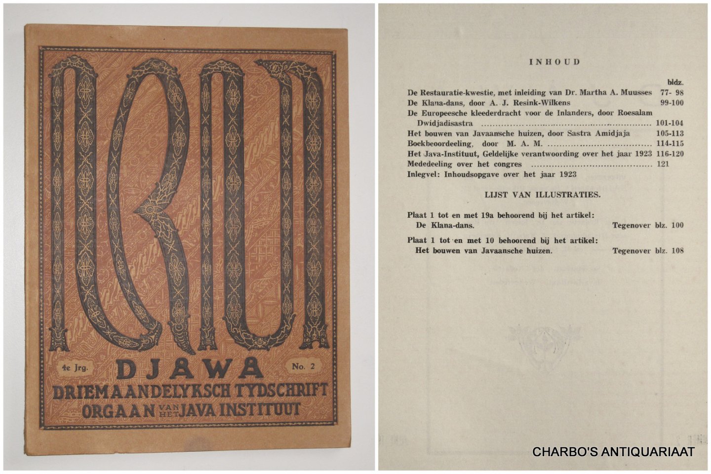 DJAJADININGRAT, RADEN AR IO HOESEIN (et al, eds.), - Djawa. Driemaandelijksch tijdschrift uitgegeven door het Java-Instituut. Vierde jaargang, No. 2, Juni 1924.