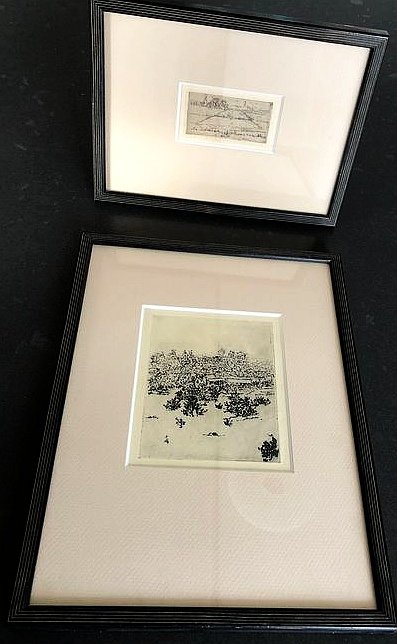 SOK, Ap - Twee kleine landschapsetsen van Ap Sok uit 1945, ingelijst onder passepartout achter glas.