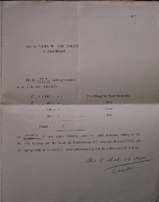 (zaanstreek). - Hierbij heb ik ondergeteekende Wed. C. Mats van de stadt de eer u te doen toekomen (..)  5% obligatien Nederland 1914.