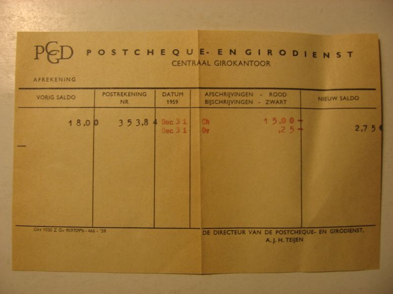  - Afrekening Postcheque-& Girodienst 1959