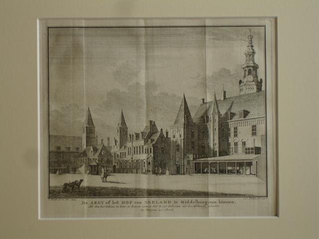 Middelburg. - De Abdy of het Hof van Zeeland te Middelburg, van binnen. Nb. Om het Gebouw te beter te konnen zien is het hooge Geboomte uit de Aftekening gelaaten.