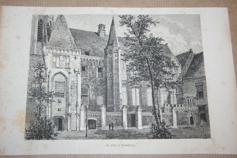  - Antieke gravure Abdij te Middelburg (Zeeland) - 1875