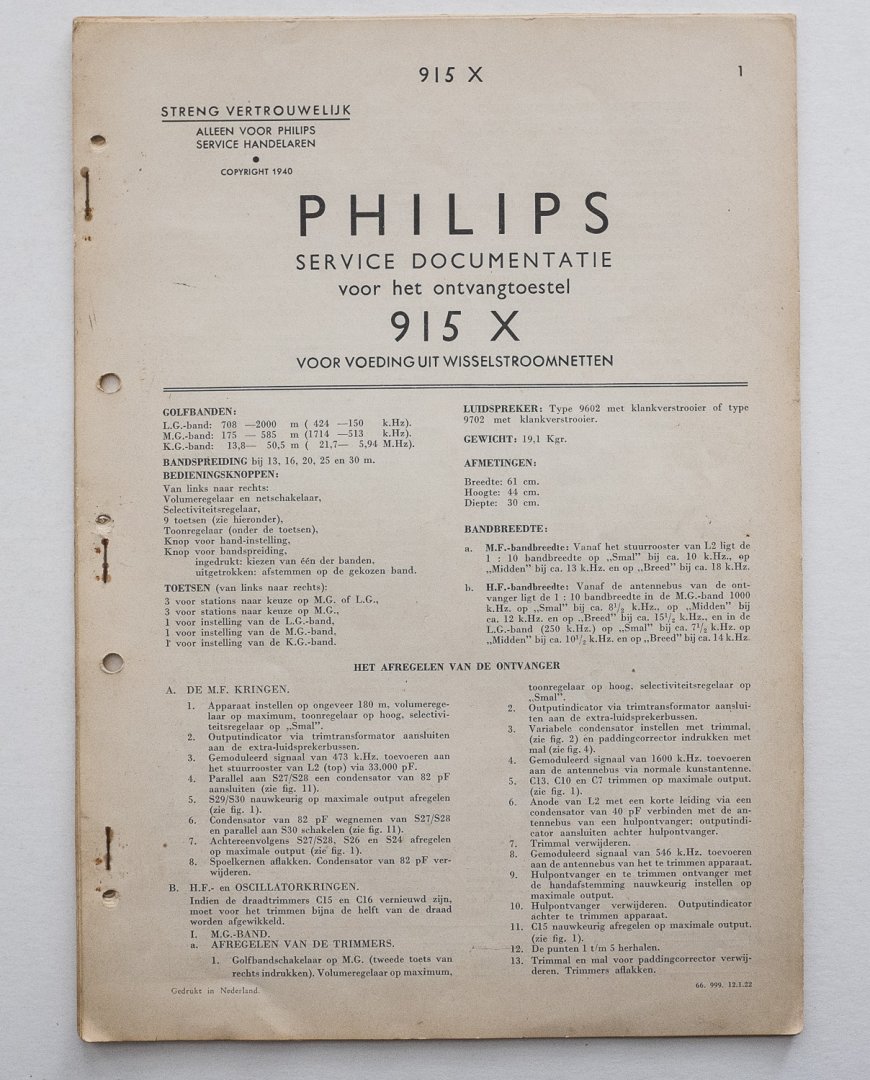  - Philips service documentatie - voor het ontvangtoestel 915X -  voor voeding uit wisselstroomnetten