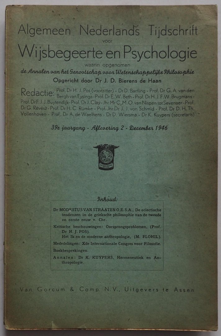 Pos H J,  Modestus van Straaten - Algemeen Nederlands Tijdschrift voor Wijsbegeerte en Psychologie 39e jaargang afl 2 december 1946