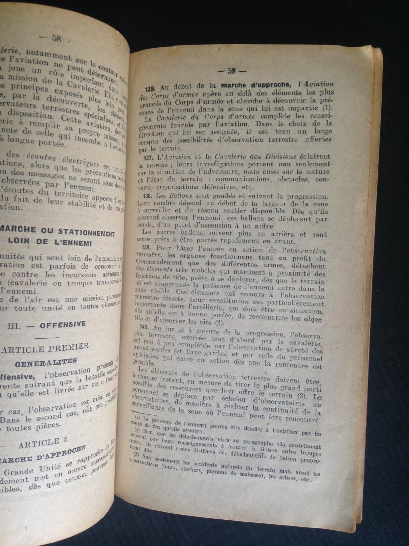  - Instruction Générale sur L’Observation, Annexe 5, a l’instruction provisoire sur l’emploi tactique des grandes unités, Ministre de la Guerre