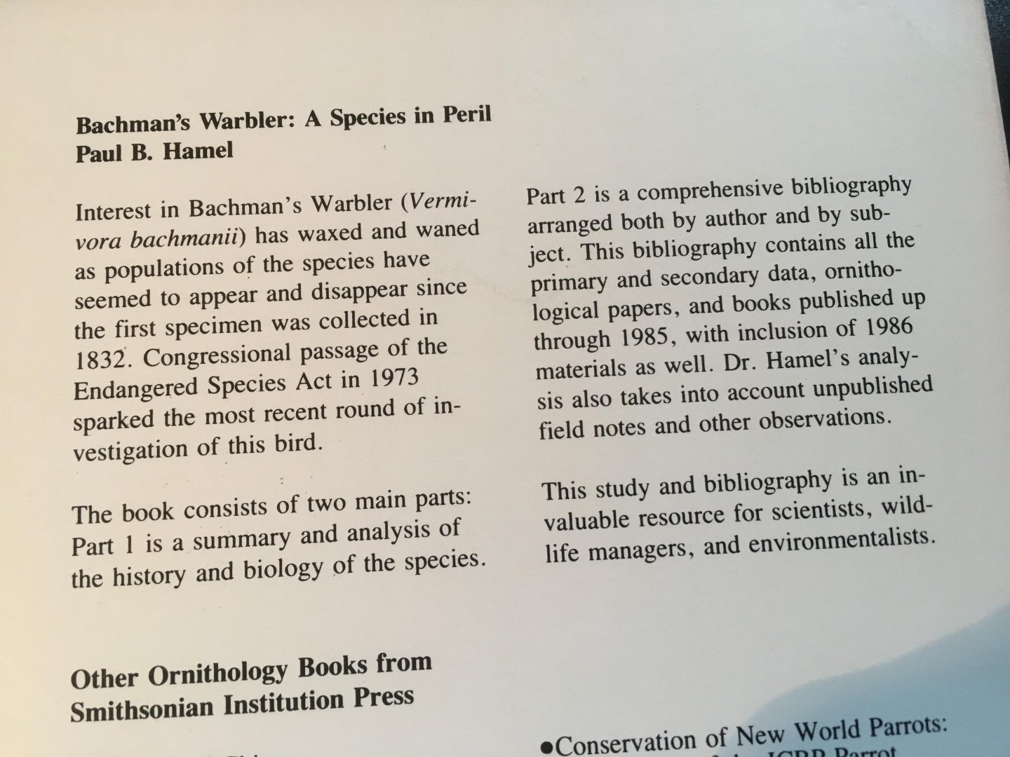 Hamel, Paul B - Bachman's Warbler - a species in peril