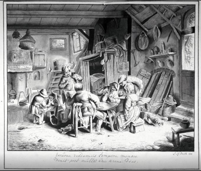 Louis Rhijnvis Feith - Tekeningen in inkt en lavis naar Adriaan van Ostade, 51 tekeningen in schetsboek.