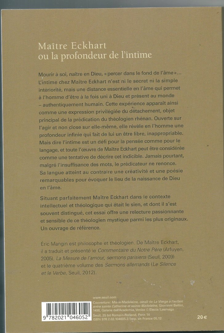 Mangin, Eric - Maitre Eckhart ou la profondeur de l'intime