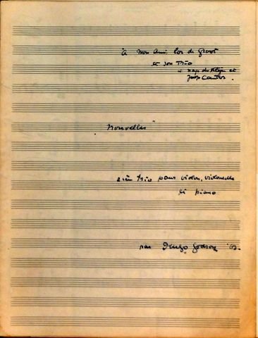 Godron, Hugo: - [Autograph] "Nouvelles" / 2ème trio pour violon, violoncelle / et piano / par Hugo Godron `63 / À mon ami Cor de Groot / et son Trio / - Nap de Kleijn et / Joop Cantor