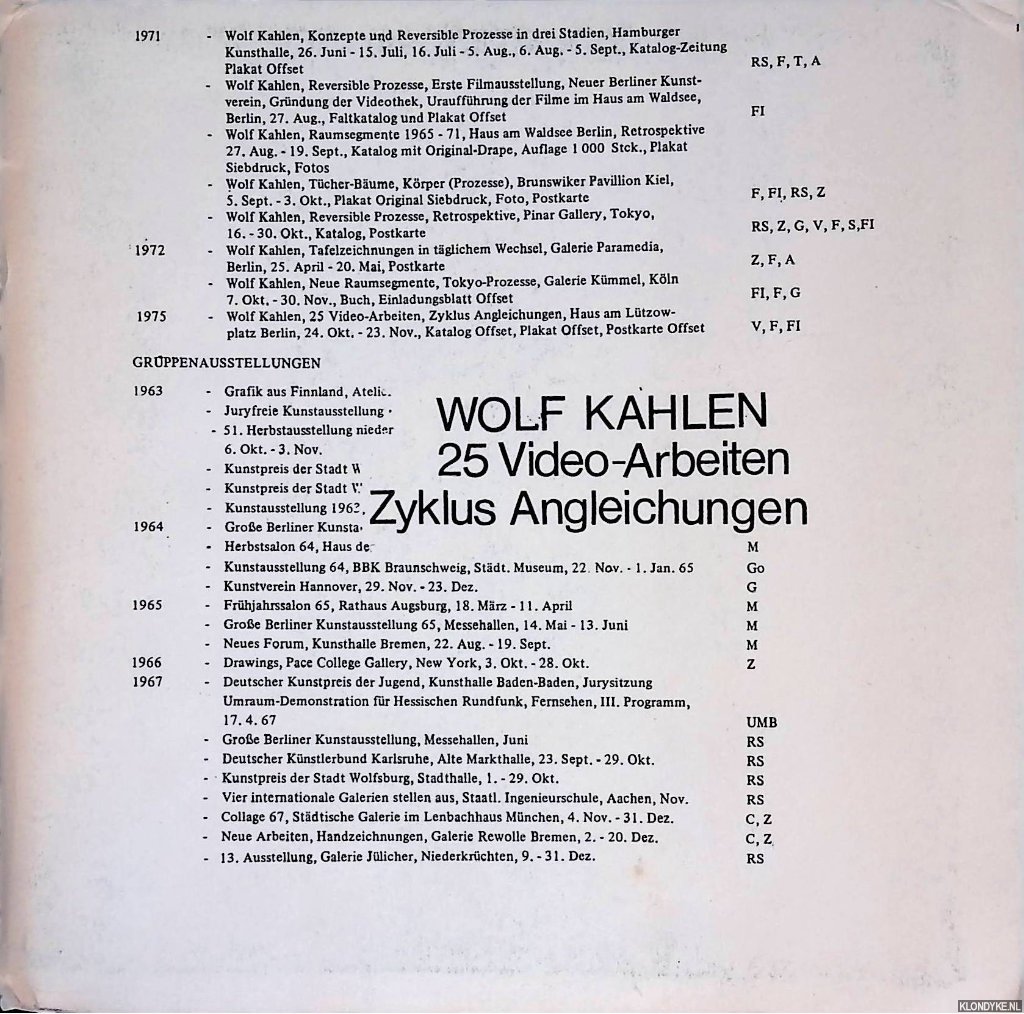 Kahlen, Wolf - 25 Video-Arbeiten: Zyklus Angleichungen - Ausstellung 25.10. bis 23.11.1975.