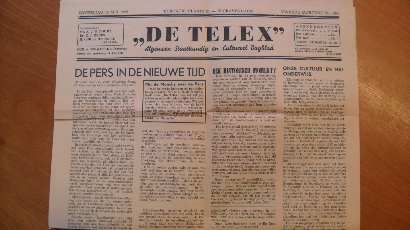Schwencke dir. - De Telex Algemeen Staatkundig en Cultureel Dagblad 16 mei 1945