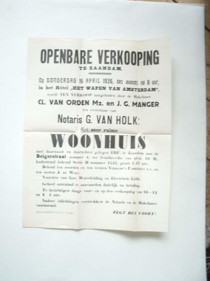 (zaanstreek). - Openbare verkooping te Zaandam (..). Woonhuis (..). Reigerstraat nummer 4.