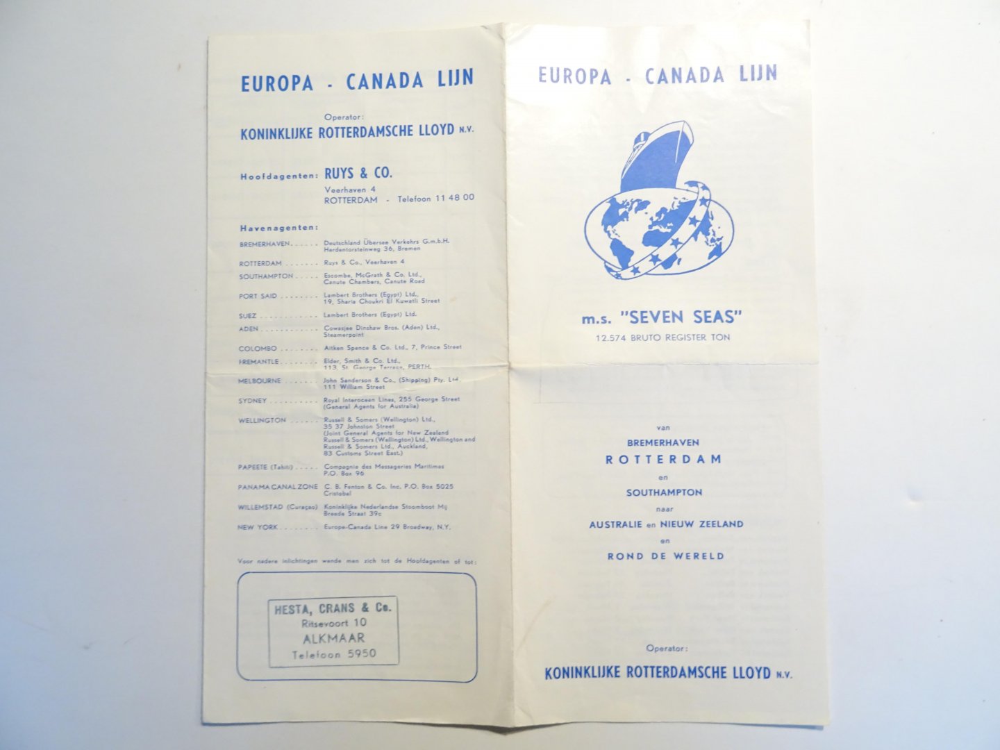  - Folder m.s. Seven Seas. Europa-Canada lijn.